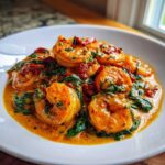 Close-up of plump shrimp coated in a rich, creamy sauce with spinach and sun-dried tomatoes: One-Pan Creamy Sun-Dried Tomato Shrimp.