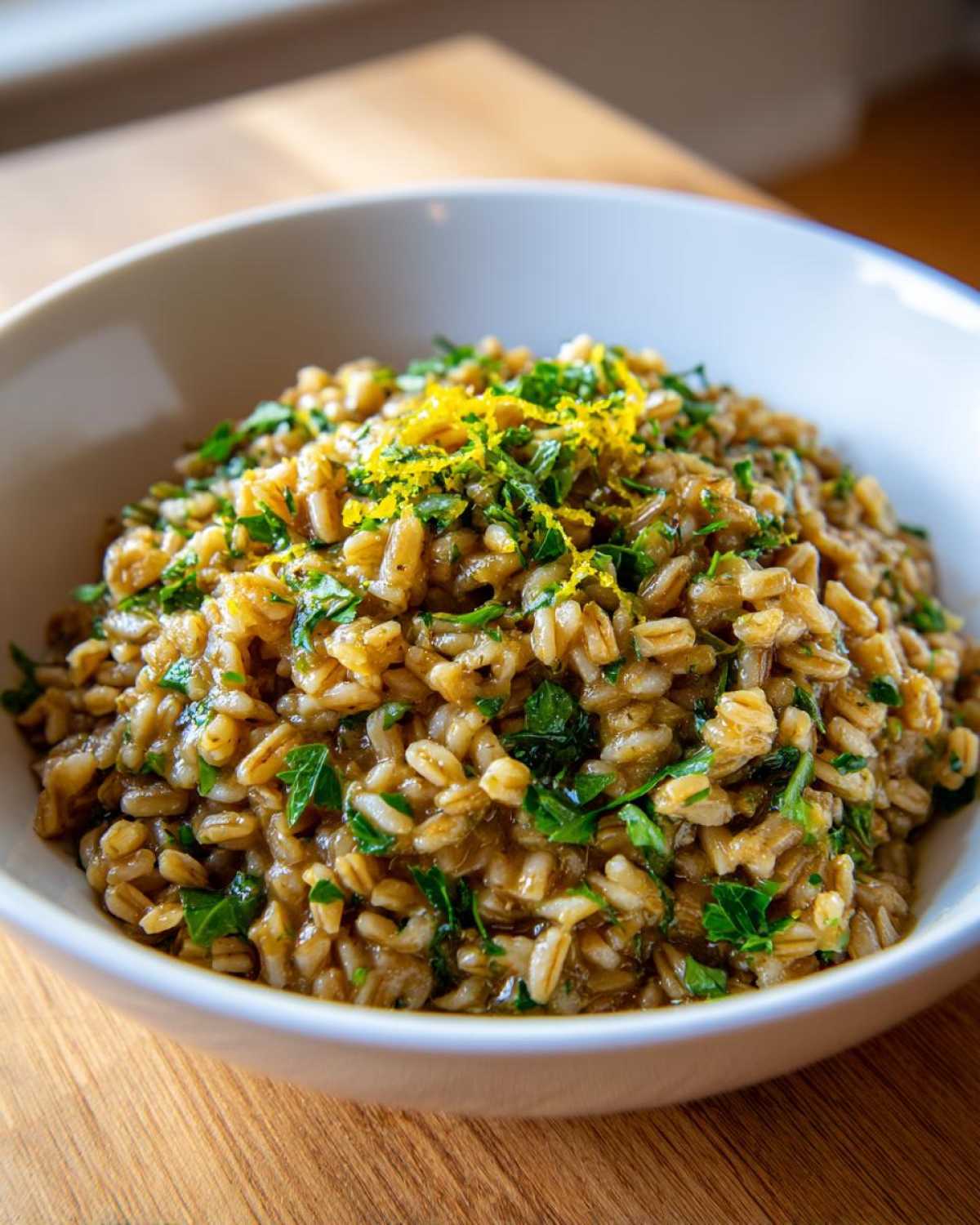 Close-up of creamy One-Pot Creamy Lemon Garlic Farro topped with fresh parsley and lemon zest.