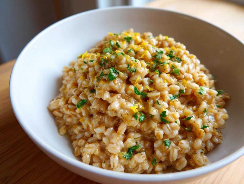 Close-up of creamy One-Pot Creamy Lemon Garlic Farro topped with parsley and lemon zest.