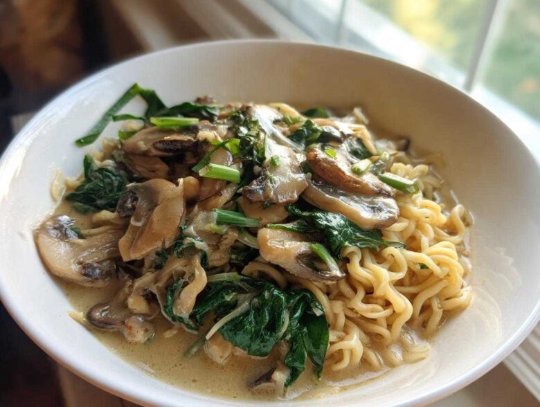 A close-up of One-Pot Creamy Mushroom Spinach Ramen featuring ramen noodles, sliced mushrooms, and wilted spinach in a creamy sauce.