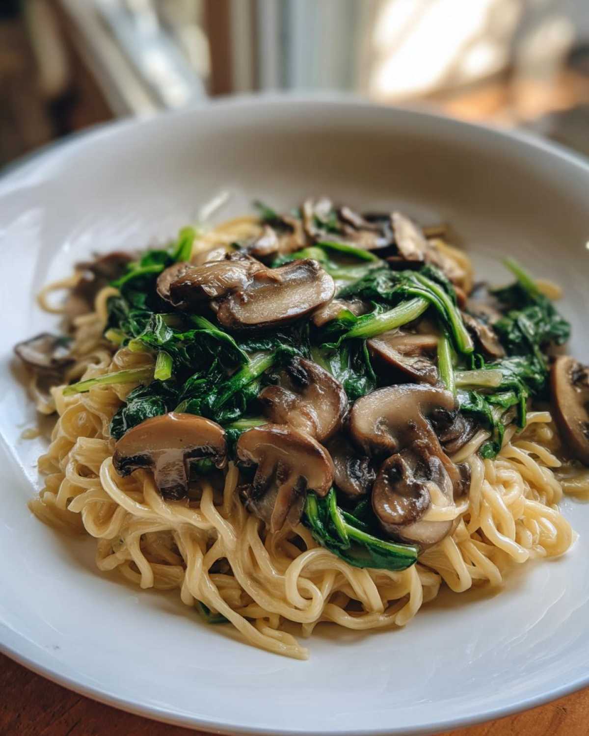 A close-up of One-Pot Creamy Mushroom Spinach Ramen topped with sautéed mushrooms and wilted spinach.
