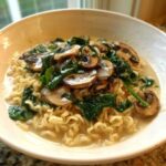 A close-up of One-Pot Creamy Mushroom Spinach Ramen featuring wavy noodles in a creamy broth topped with sautéed mushrooms and wilted spinach.