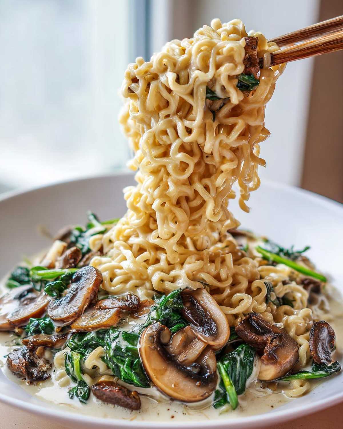 Chopsticks lifting a large portion of creamy One-Pot Creamy Mushroom Spinach Ramen noodles from a white bowl filled with mushrooms and spinach.