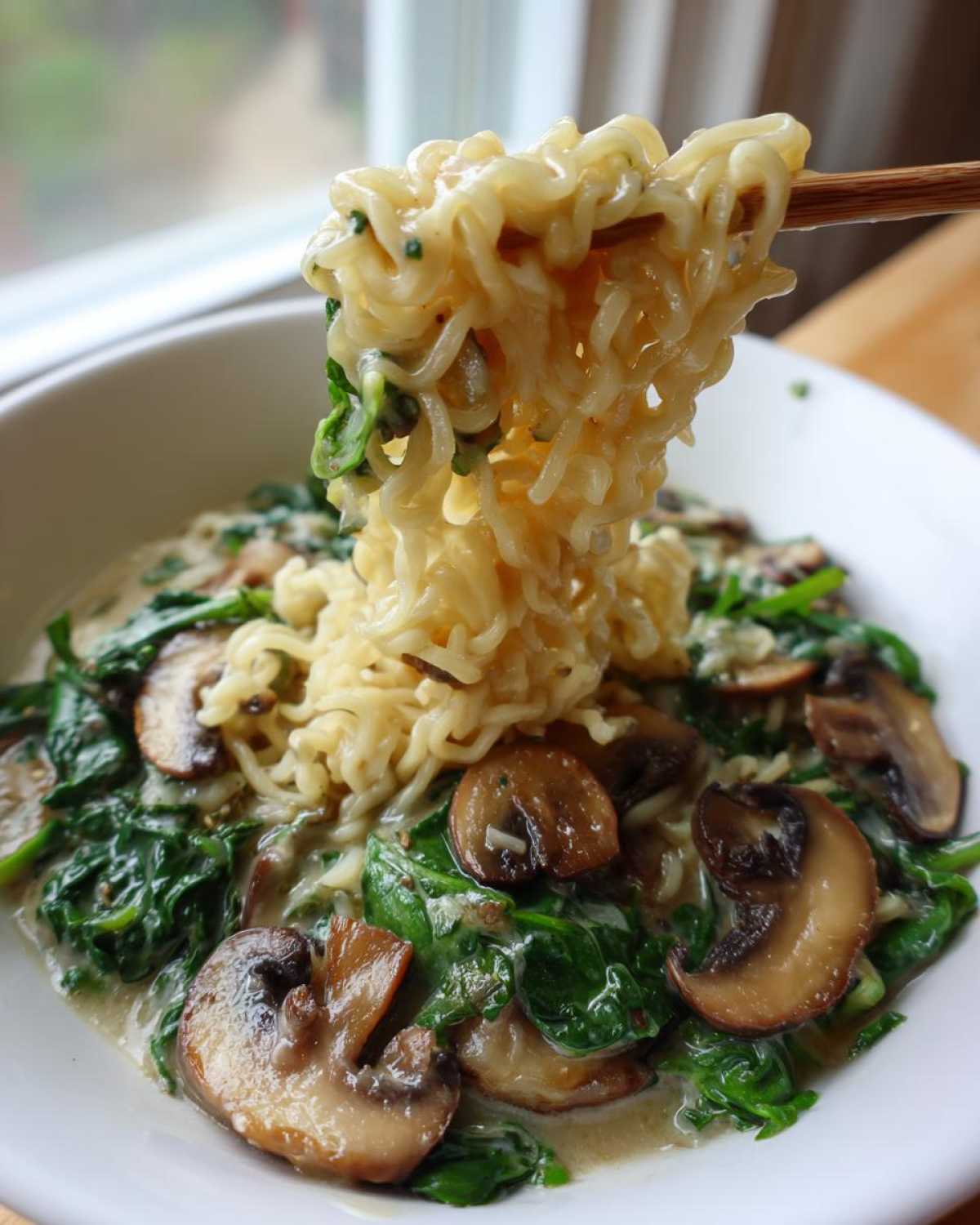 A close-up shot showing chopsticks lifting noodles from a bowl of One-Pot Creamy Mushroom Spinach Ramen with spinach and mushrooms.