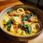 Close-up of a hearty bowl of One-Pot Creamy Tortellini Minestrone soup with spinach and carrots.