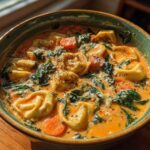 A close-up of a bowl filled with One-Pot Creamy Tortellini Minestrone, featuring tortellini, spinach, and carrots in a rich orange broth.