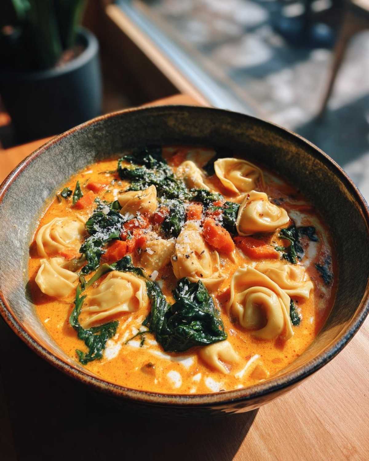 A close-up of a bowl of One-Pot Creamy Tortellini Minestrone soup, featuring tortellini, spinach, and grated cheese.