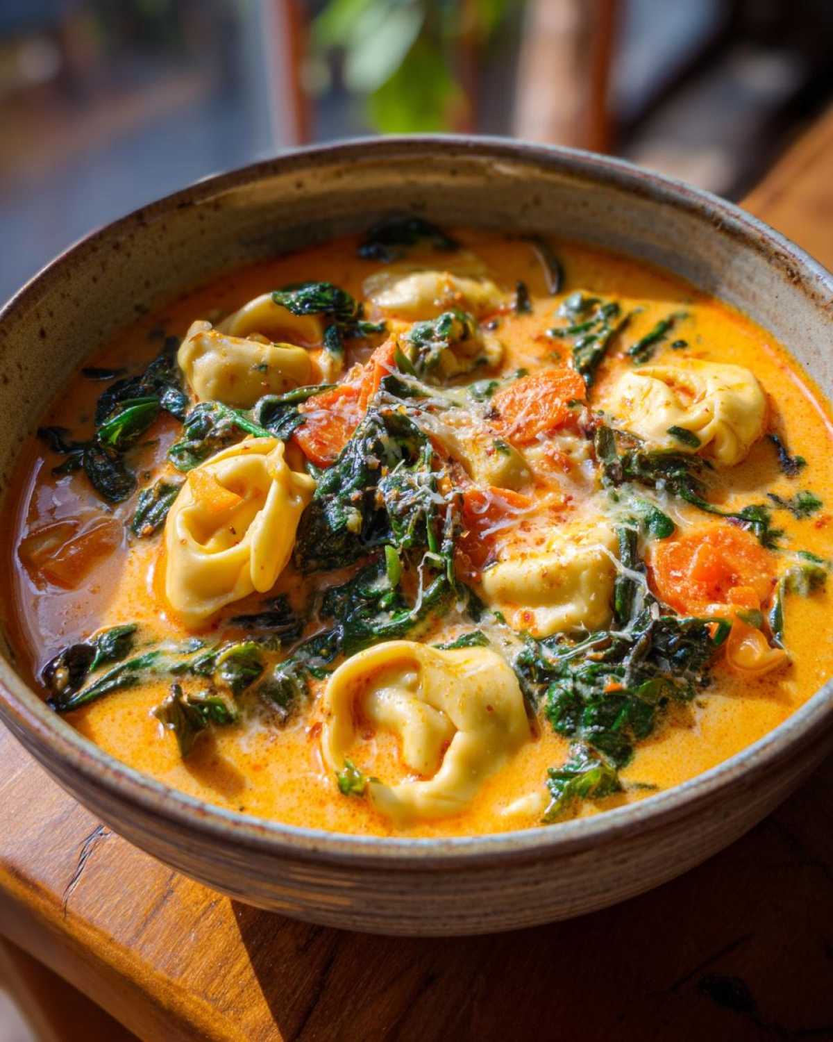 Close-up of a rustic bowl filled with One-Pot Creamy Tortellini Minestrone soup, featuring cheese tortellini, spinach, and tomatoes.