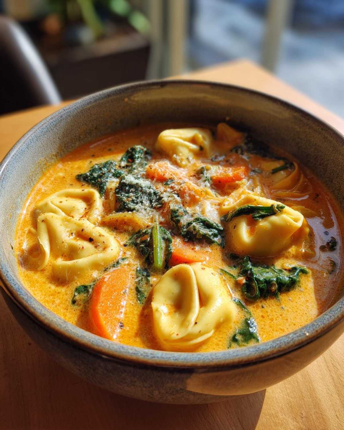 A close-up of a bowl filled with One-Pot Creamy Tortellini Minestrone soup, featuring cheese tortellini, spinach, and carrots in a rich broth.