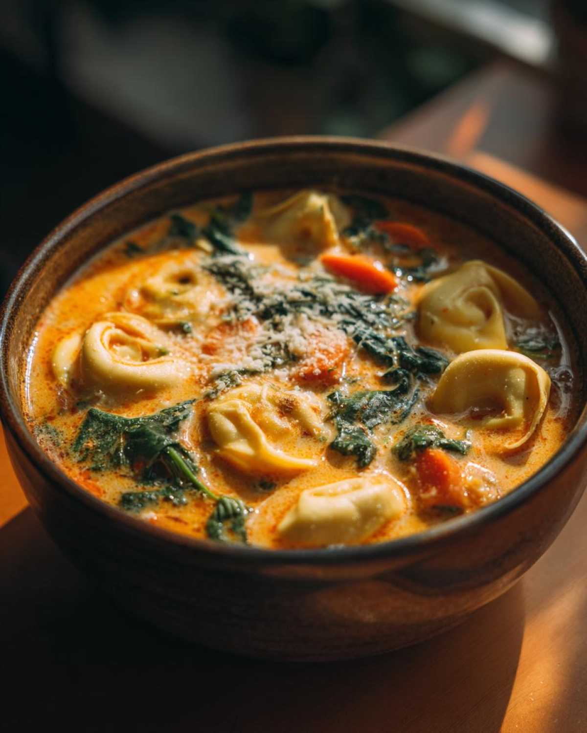 Close-up of a rustic bowl filled with One-Pot Creamy Tortellini Minestrone soup, featuring tortellini, spinach, carrots, and grated cheese.