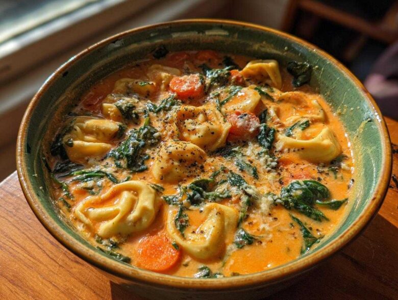 A close-up of a bowl filled with One-Pot Creamy Tortellini Minestrone, featuring tortellini, spinach, and carrots in a rich orange broth.