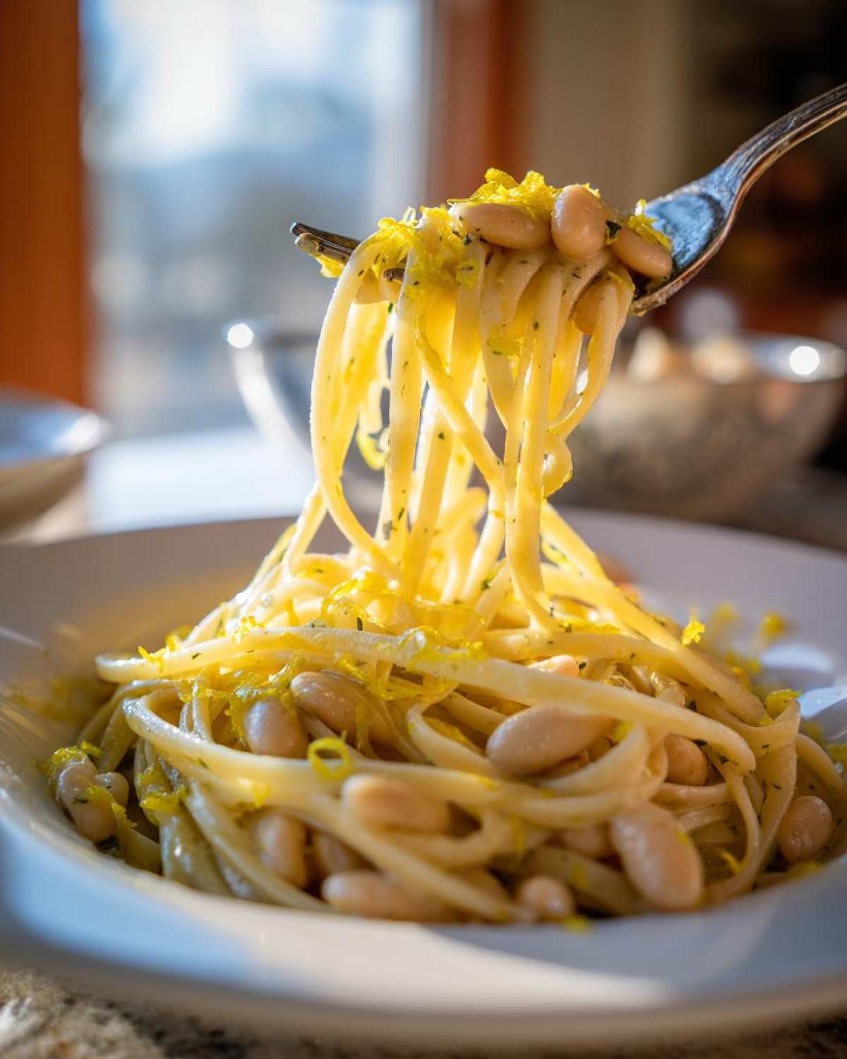 A fork lifting linguine noodles, white beans, and lemon zest from a bowl of One-Pot Creamy White Bean Lemon Pasta.