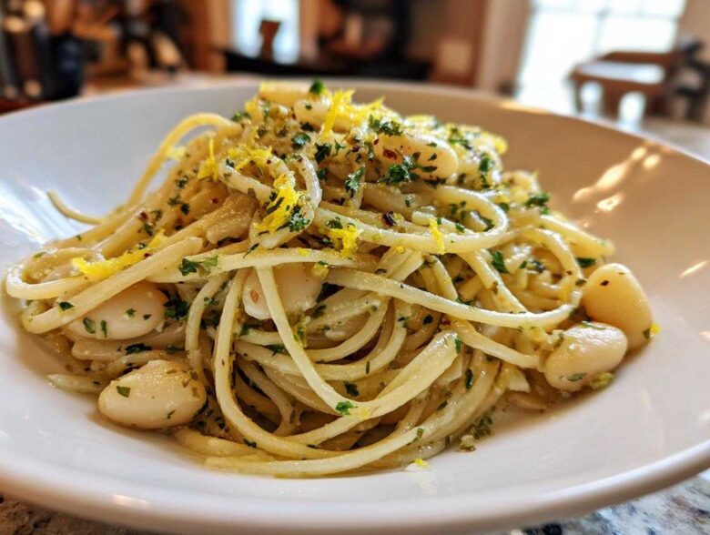 A close-up of One-Pot Creamy White Bean Lemon Pasta tossed with herbs and bright lemon zest in a white bowl.