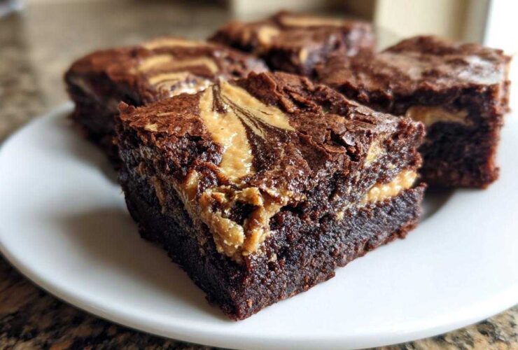 A fudgy square of peanut butter swirl brownies sits on a white plate, showing the rich chocolate interior and creamy swirl.