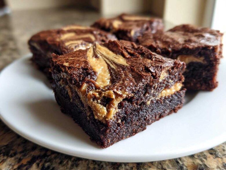 A fudgy square of peanut butter swirl brownies sits on a white plate, showing the rich chocolate interior and creamy swirl.