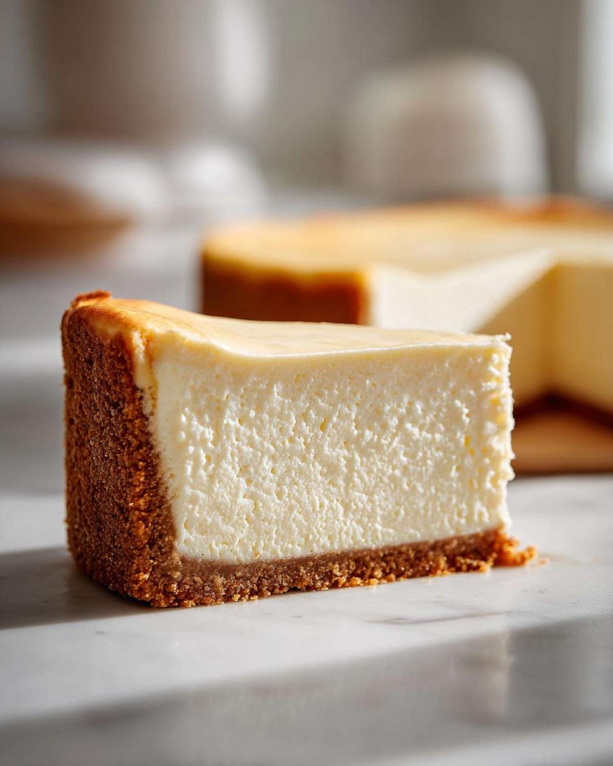 Close-up of a perfect slice of cheesecake showing the ideal creamy filling consistency and graham cracker crust.
