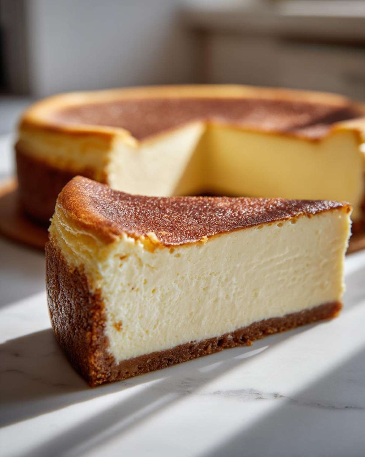A perfect slice of cheesecake showing the creamy filling and caramelized top, illustrating ideal ies consistency.