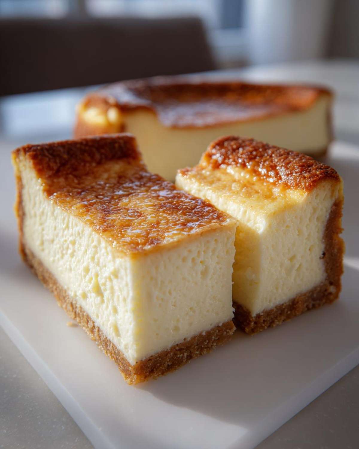 Two slices of creamy cheesecake with a graham cracker crust and deeply caramelized top, referencing perfect ies.
