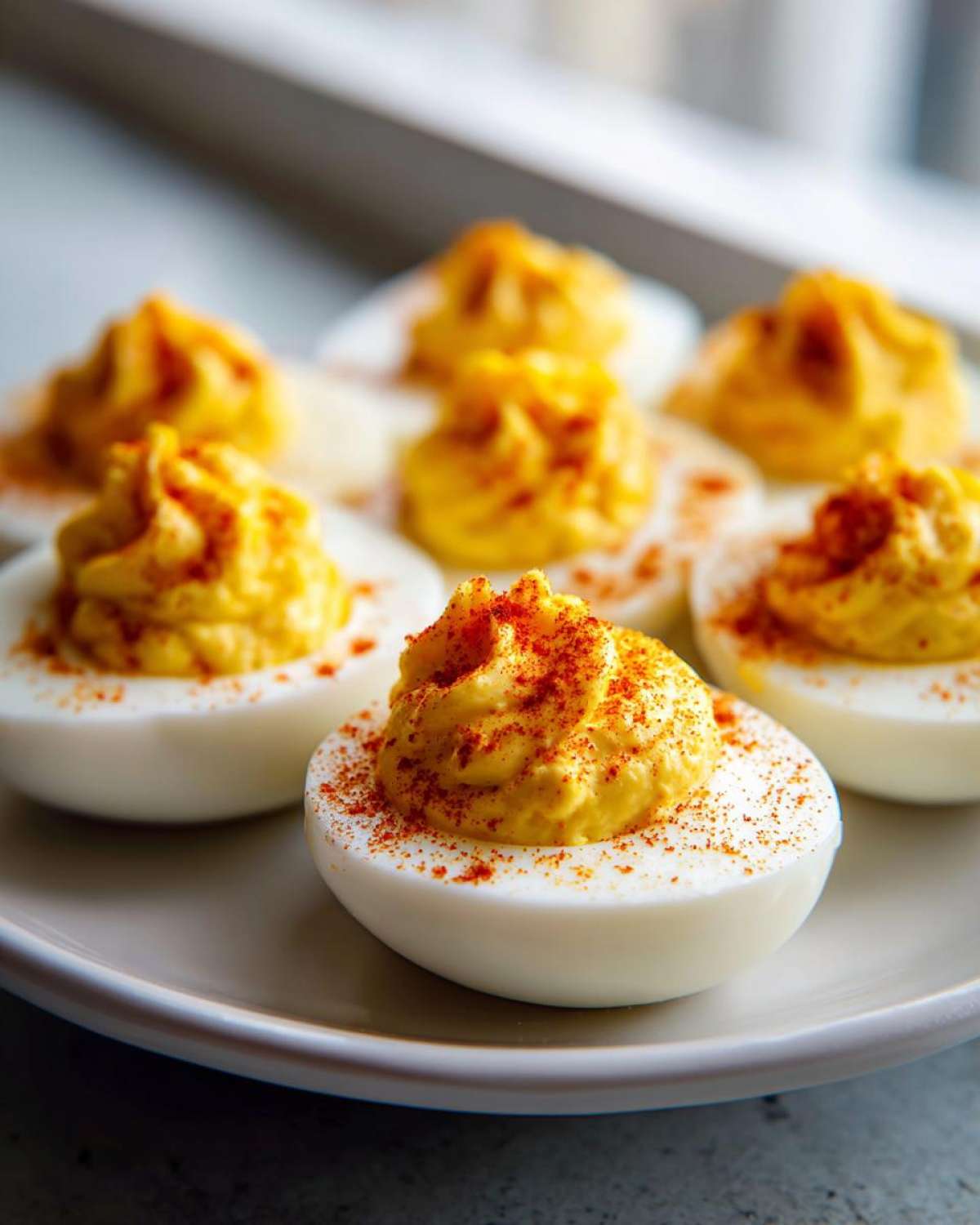 A close-up of several perfectly prepared deviled eggs, featuring piped yellow filling and a sprinkle of paprika.