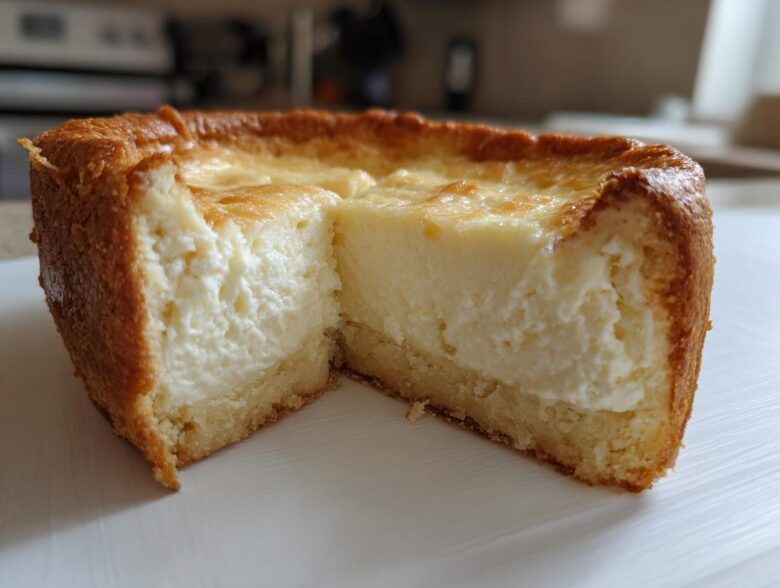 Cross-section of a baked cheesecake showing a thick, creamy filling and golden crust, illustrating perfect ies consistency.