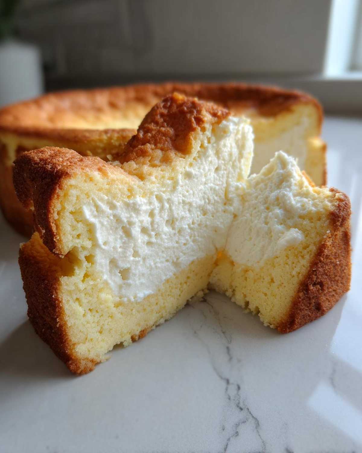 Close-up of a slice of ies showing the perfect light and fluffy filling consistency.