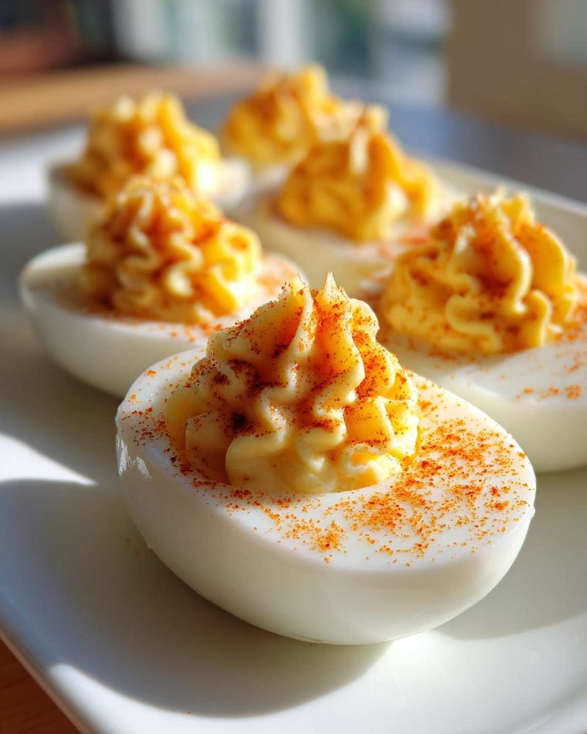Close-up of perfectly piped deviled eggs sprinkled with paprika on a white plate.
