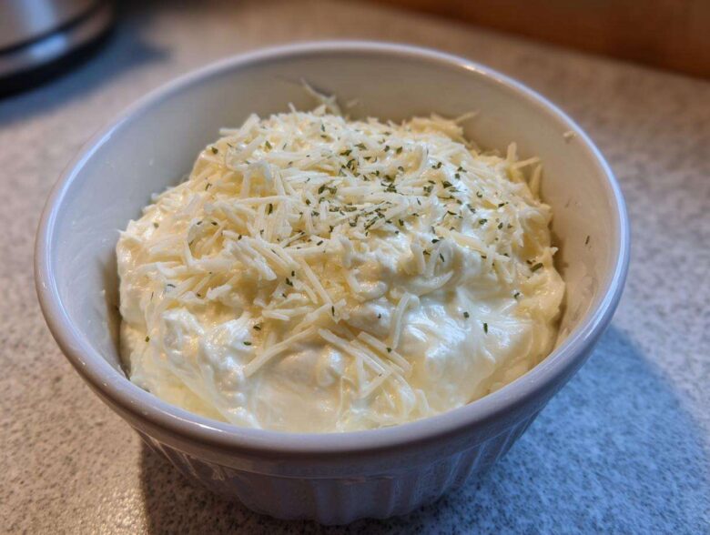 A white bowl filled with thick, rich cream sauce, generously topped with shredded cheese and dried herbs.