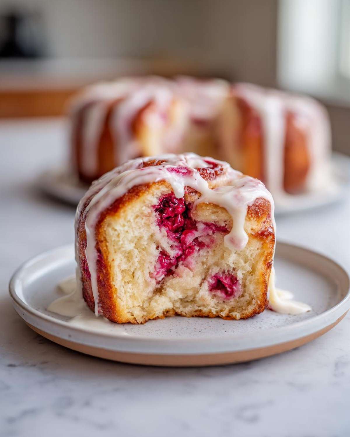 A single, partially eaten Raspberry Cream Cheese Sweet Roll topped with vanilla glaze, showing the bright pink raspberry filling inside.