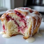 A close-up of a Raspberry Cream Cheese Sweet Rolls with vanilla glaze dripping down the side onto a white plate.