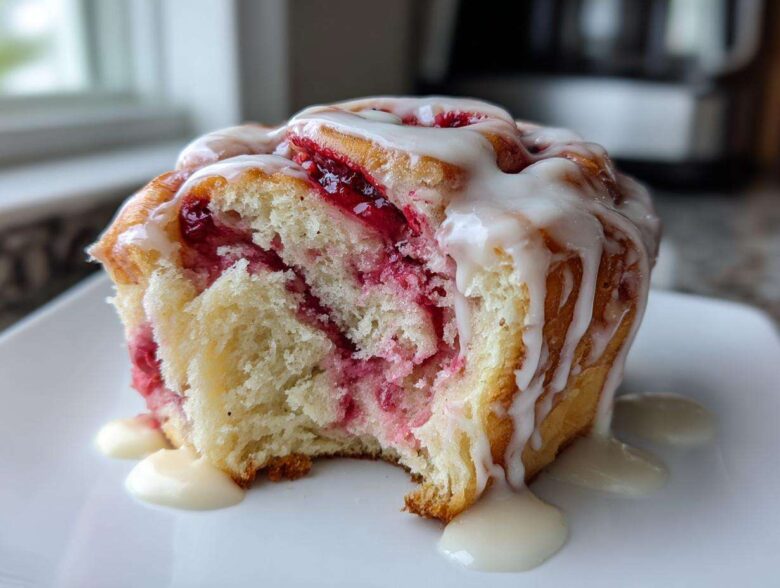 A close-up of a Raspberry Cream Cheese Sweet Rolls with vanilla glaze dripping down the side onto a white plate.