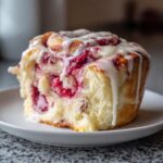A single, fluffy Raspberry Cream Cheese Sweet Roll topped with thick vanilla glaze, showing the bright red raspberry filling.