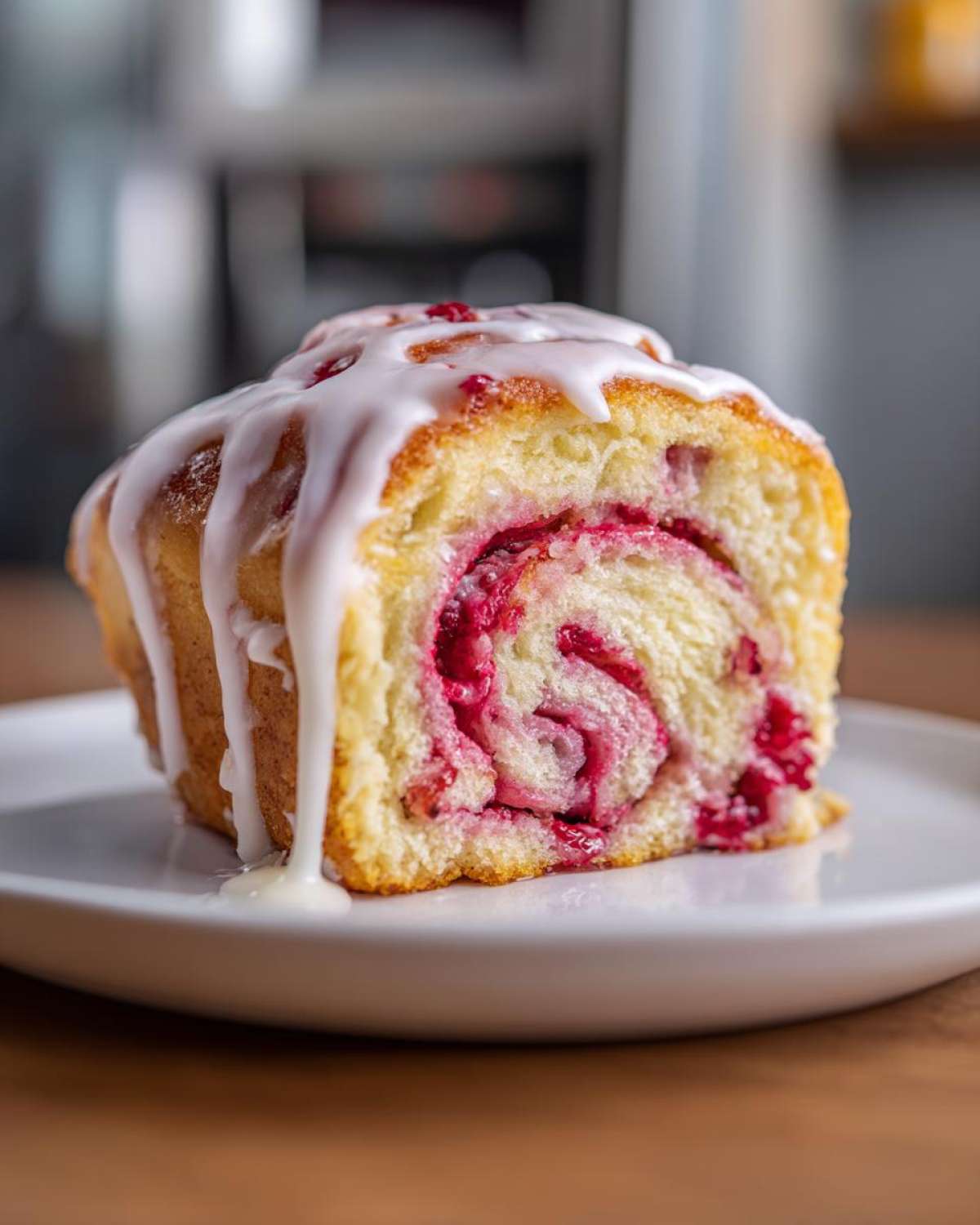 Close-up of a single Raspberry Cream Cheese Sweet Roll slice topped with dripping vanilla glaze.
