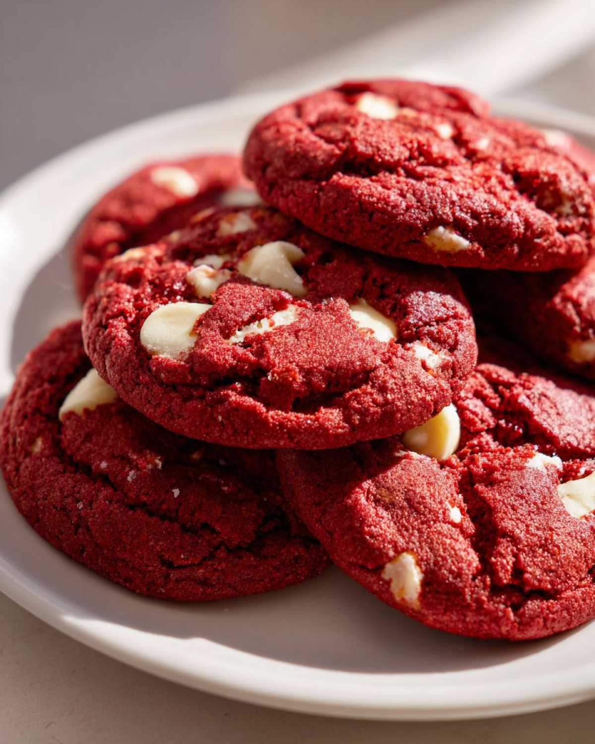 A close-up stack of vibrant red velvet cake mix cookies studded with white chocolate chips on a white plate.