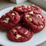 A close-up of several vibrant red velvet cake mix cookies studded with white chocolate chips, arranged on a white plate.