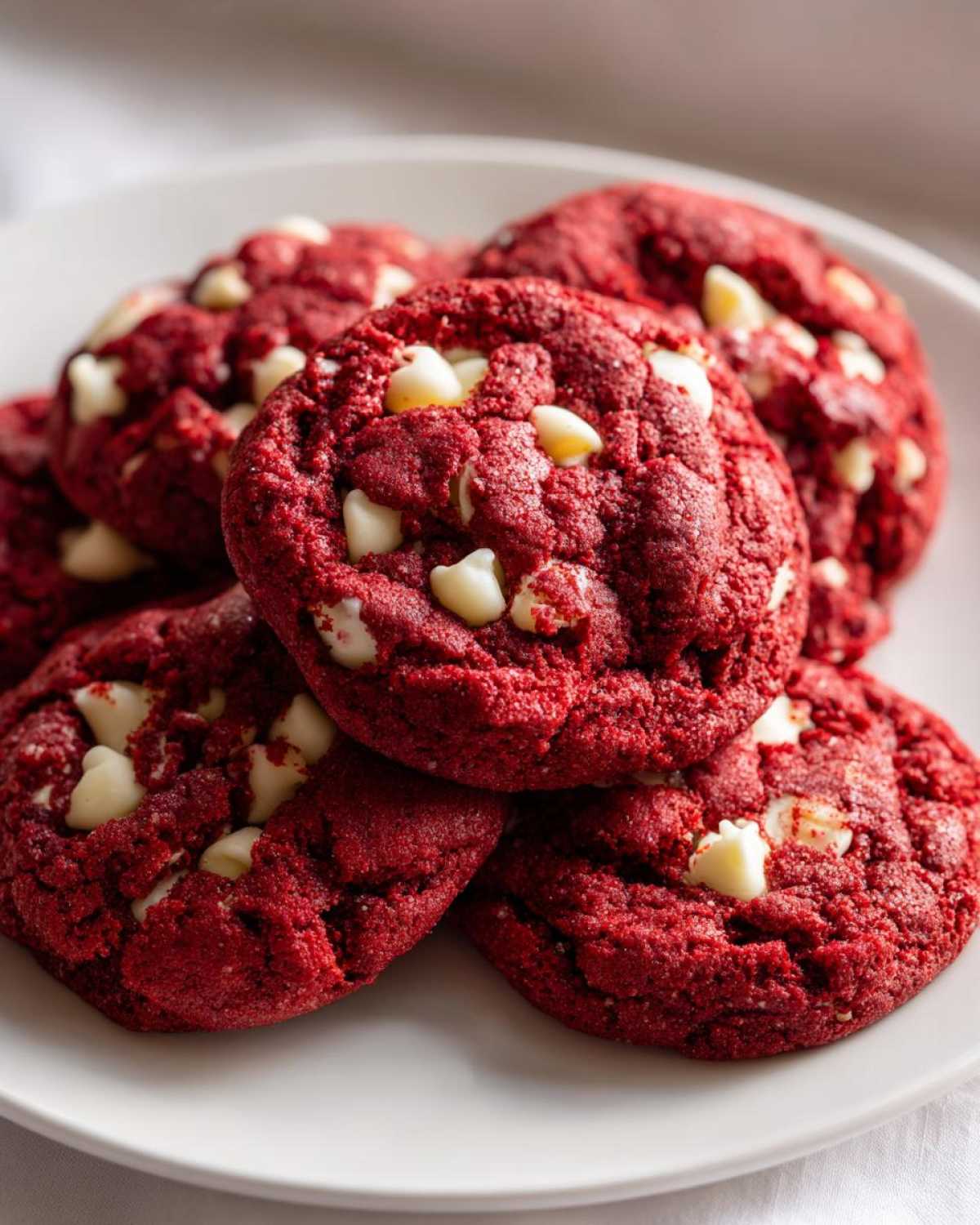 A stack of vibrant red velvet cake mix cookies studded with white chocolate chips on a white plate.