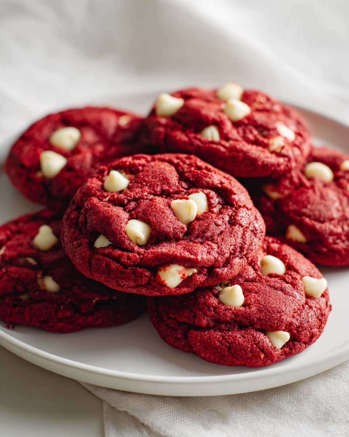 A stack of vibrant red velvet cake mix cookies studded with white chocolate chips, resting on a white plate.