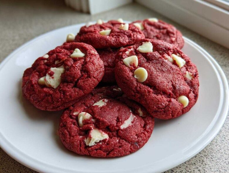 A close-up of several vibrant red velvet cake mix cookies studded with white chocolate chips, arranged on a white plate.