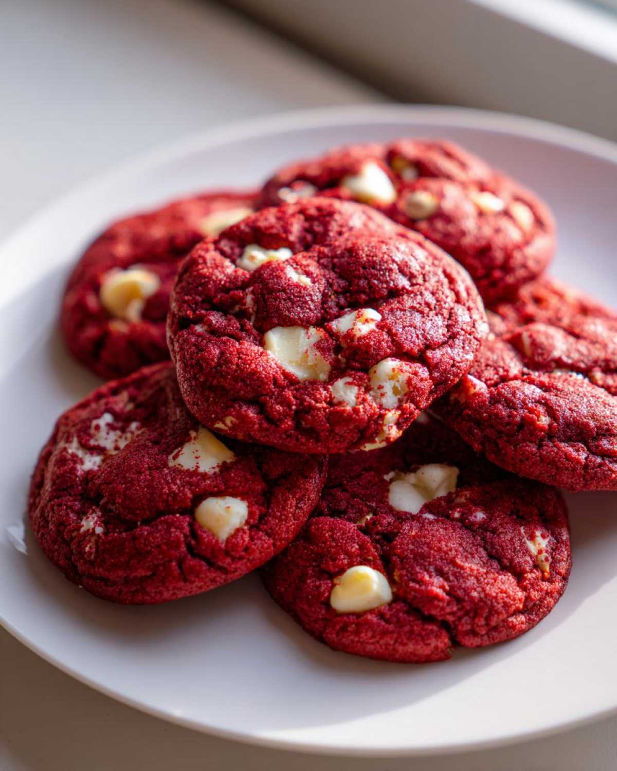 A close-up stack of vibrant red velvet cake mix cookies studded with white chocolate chips on a white plate.