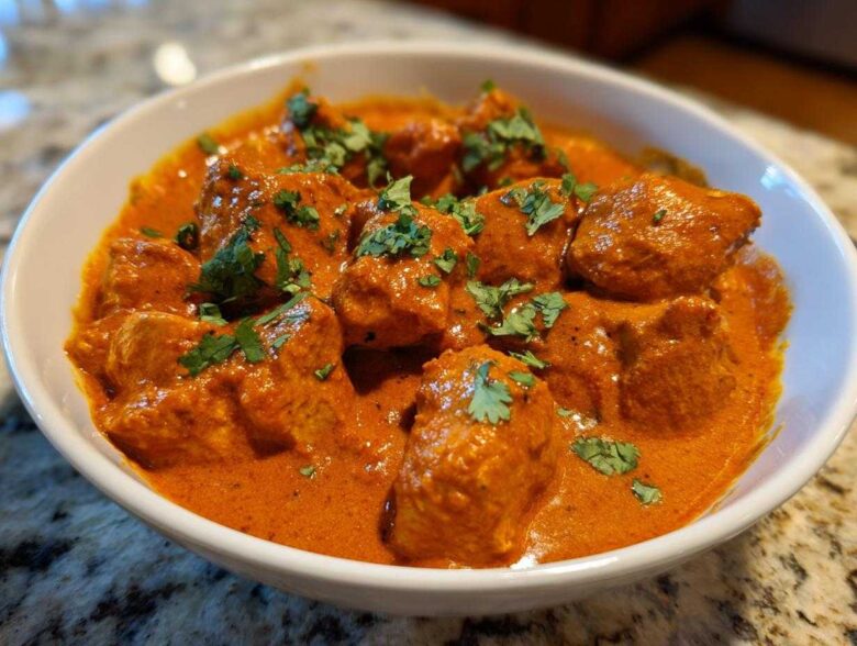 Close-up of rich, orange-red Crockpot Butter Chicken pieces garnished with fresh cilantro in a white bowl.