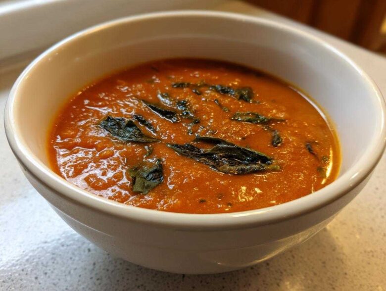 Close-up of creamy, orange-red tomato basil soup topped with dark green basil leaves in a white bowl.