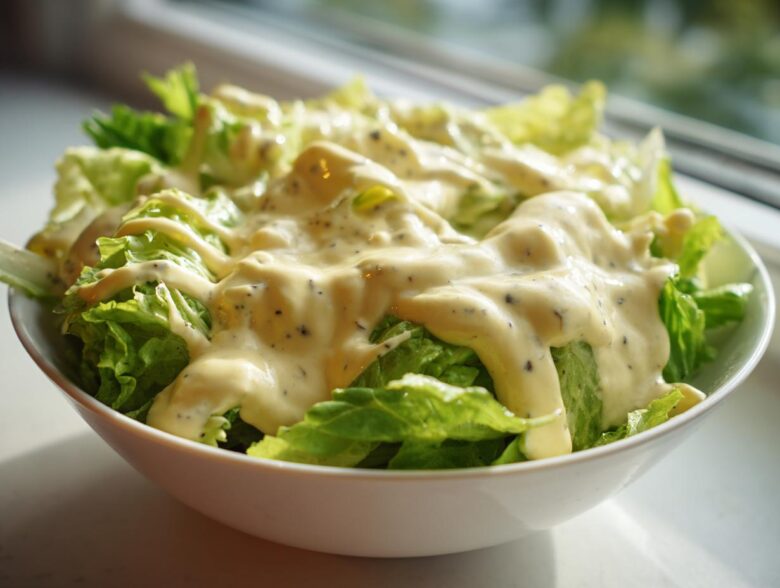 A bowl of fresh green lettuce generously topped with the Vegan Creamy Lemon Tahini Dressing.