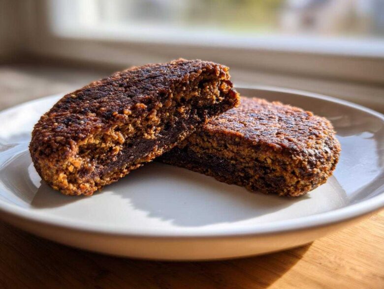 Close-up of a perfectly seared black bean burger patty cut in half, showing the dark, textured interior.