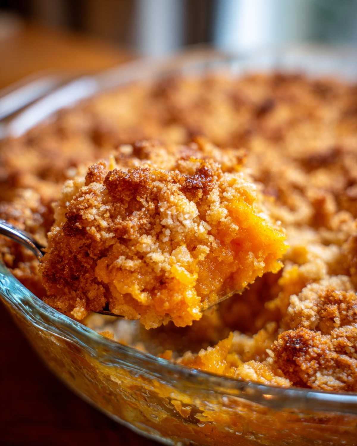 A spoonful of warm, orange pumpkin crisp being lifted from a glass baking dish, showing the crumb topping.