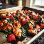 Close-up of juicy chicken pieces coated in balsamic glaze with fresh spinach and sliced strawberries on a sheet pan.
