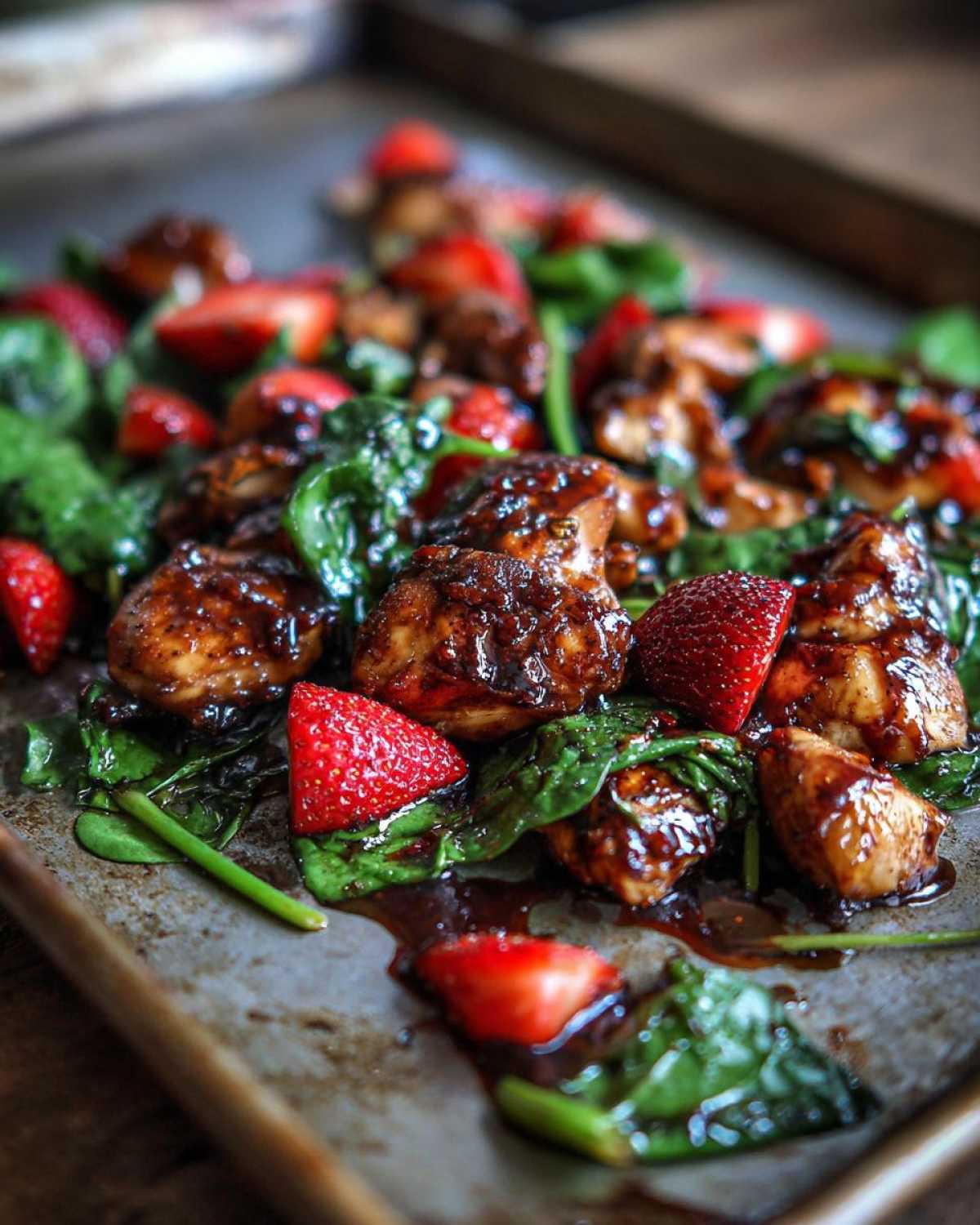 Close-up of glazed chicken pieces mixed with fresh spinach and halved strawberries on a sheet pan.