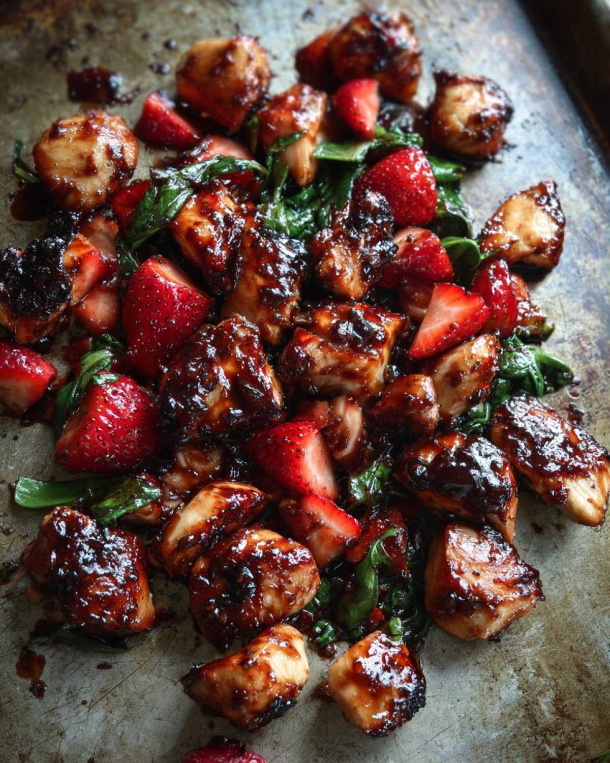 Close-up of glazed chicken pieces mixed with fresh strawberries and wilted spinach from the Sheet Pan Balsamic Strawberry Chicken.