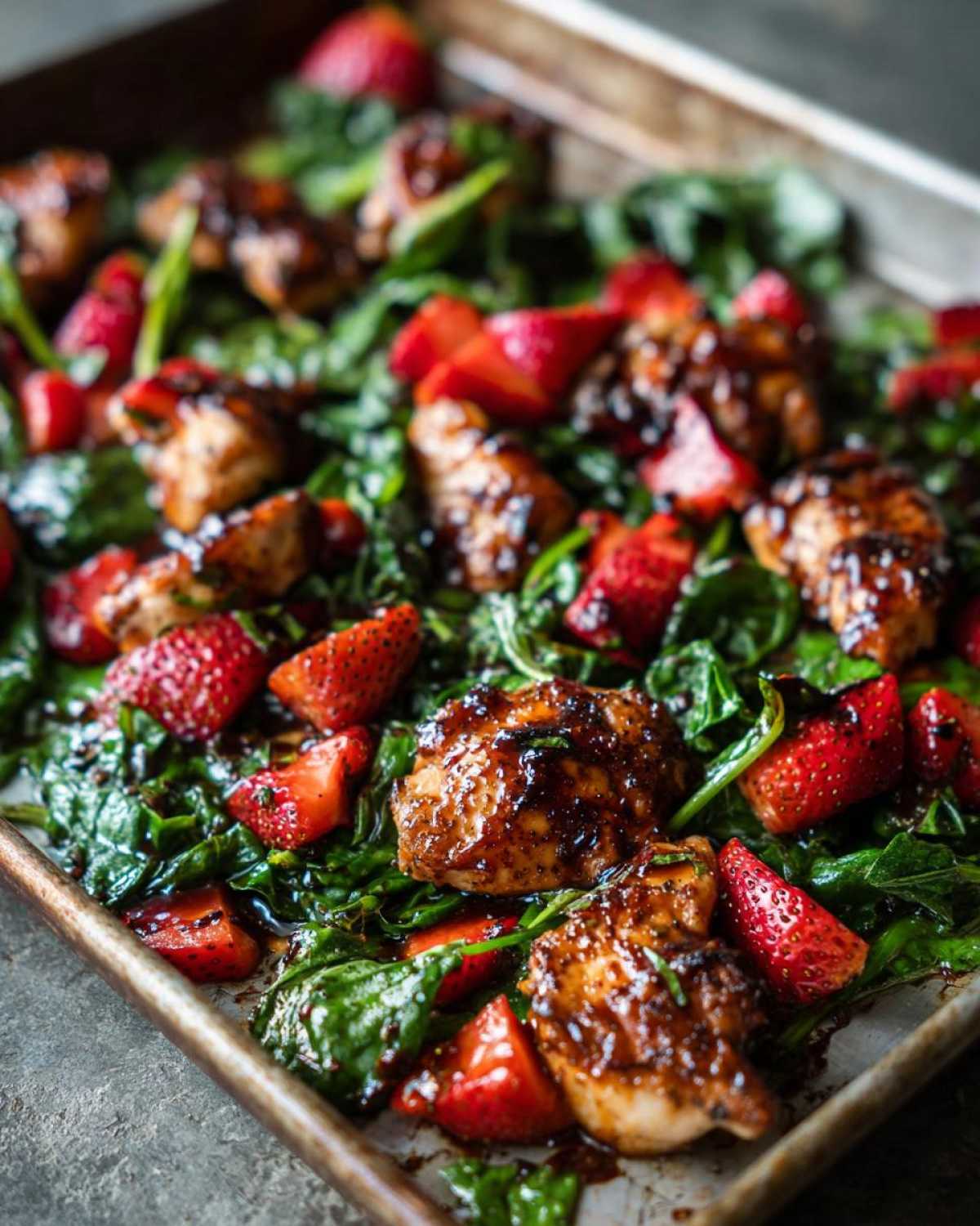 Close-up of Sheet Pan Balsamic Strawberry Chicken with Spinach glazed with a dark sauce on a baking sheet.