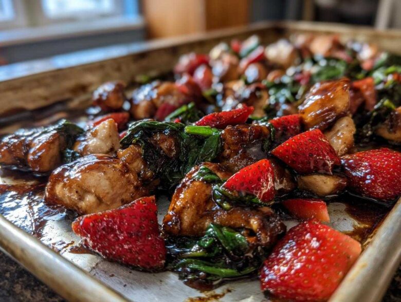 Close-up of glistening Sheet Pan Balsamic Strawberry Chicken with Spinach cooked on a metal baking sheet.