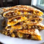 A tall stack of golden-brown Sheet Pan Breakfast Quesadillas slices filled with melted cheese, eggs, sausage, and bacon.