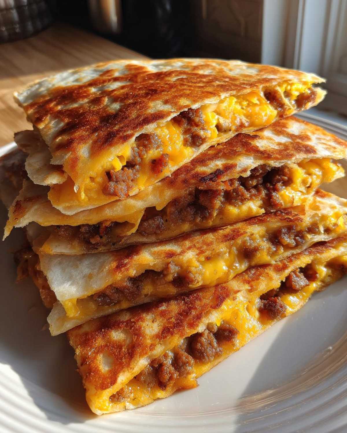 A stack of golden-brown, crispy Sheet Pan Breakfast Quesadillas wedges filled with melted cheese and sausage.